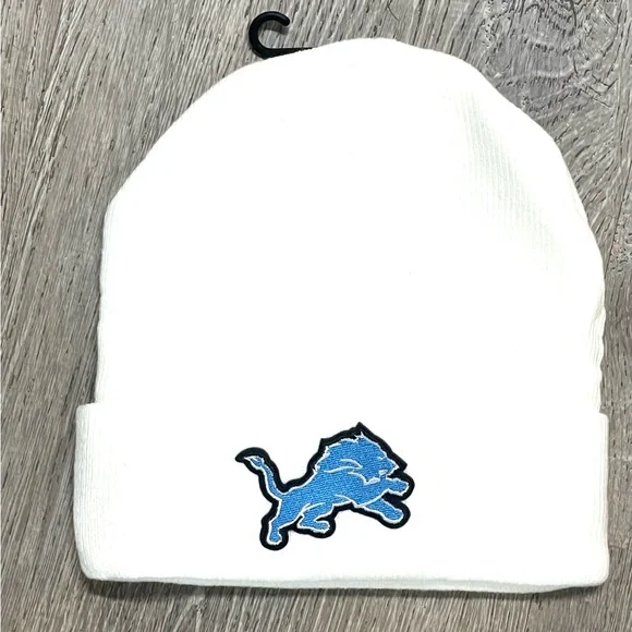 Detroit Lions White Beanie with Blue Lions Logo - Picture 2 of 3